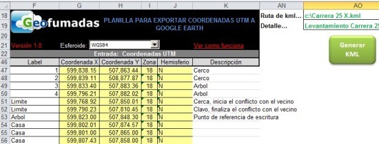 excel a google earth UTM