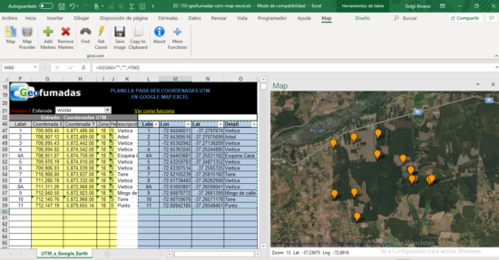 ZC-153 Convertir coordenadas UTM a geográficas y desplegarlas en un mapa dentro de Excel